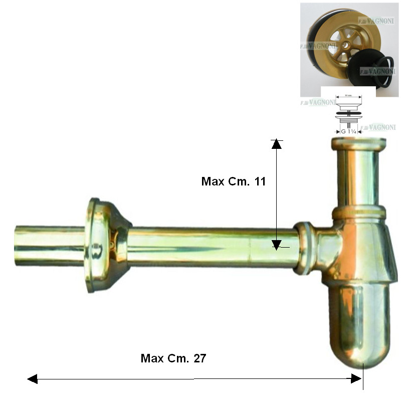 SIFONE A BOTTIGLIA IN OTTONE LUCIDO + PILETTA DA 1" 1/4